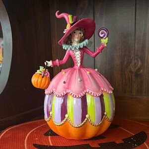 Ghoulish Whimsical Pink Candy Witch Pumpkin Figurine